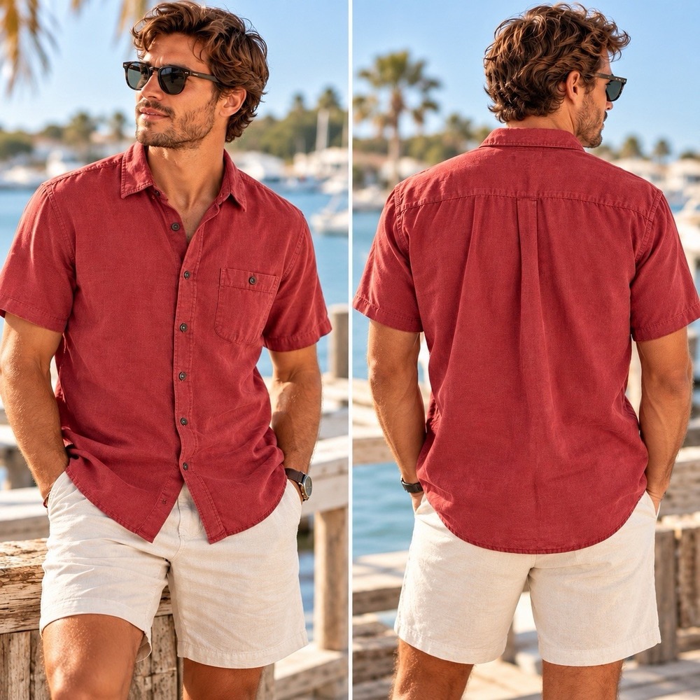 Orvis Shirt Mens Medium Red Hemp Tencel Short Sleeve Button Up Coastal Casual
